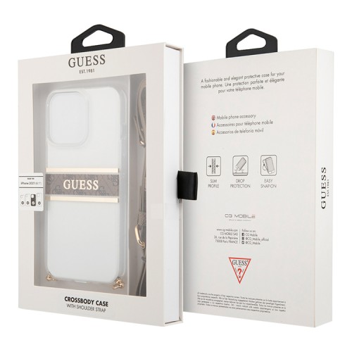 Чехол Guess 4G Stripe Hard Transparent +Gold crossbody chain для iPhone 13 Pro Max