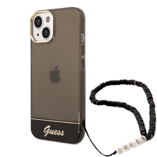 Чехол Guess Translucent w Electoplated camera Hard +hand Strap для iPhone 14, черный