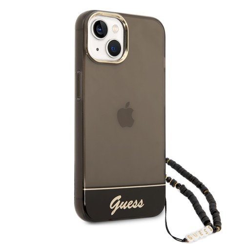 Чехол Guess Translucent w Electoplated camera Hard +hand Strap для iPhone 14, черный