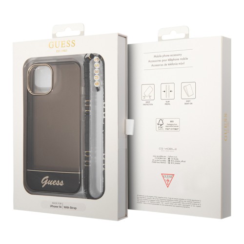 Чехол Guess Translucent w Electoplated camera Hard +hand Strap для iPhone 14, черный