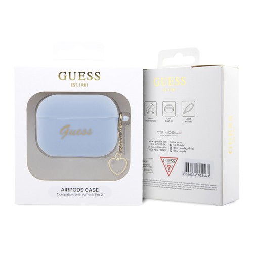 Чехол Guess Silicone Script logo with Heart charm для Airpods Pro 2, голубой