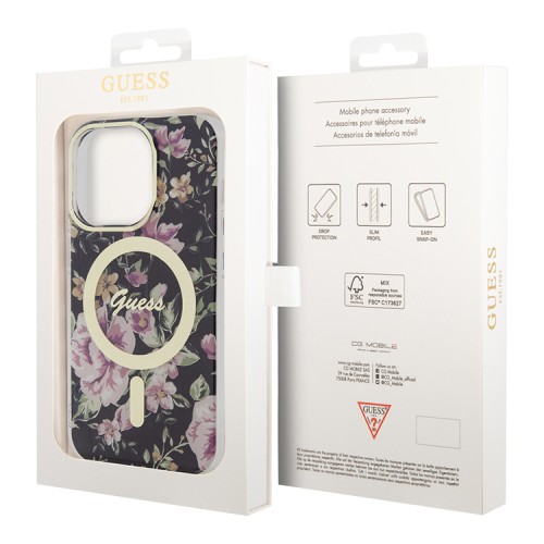 Чехол Guess Flower Hard для iPhone 14 Pro, черный/золотой (MagSafe)