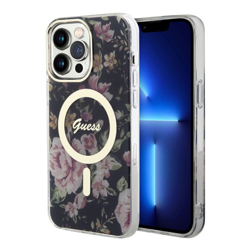 Чехол Guess Flower Hard для iPhone 14 Pro, черный/золотой (MagSafe)