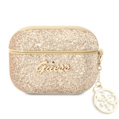 Чехол Guess Glitter flakes Metal logo with Charm для Airpods Pro, золотой