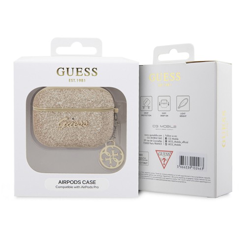 Чехол Guess Glitter flakes Metal logo with Charm для Airpods Pro, золотой