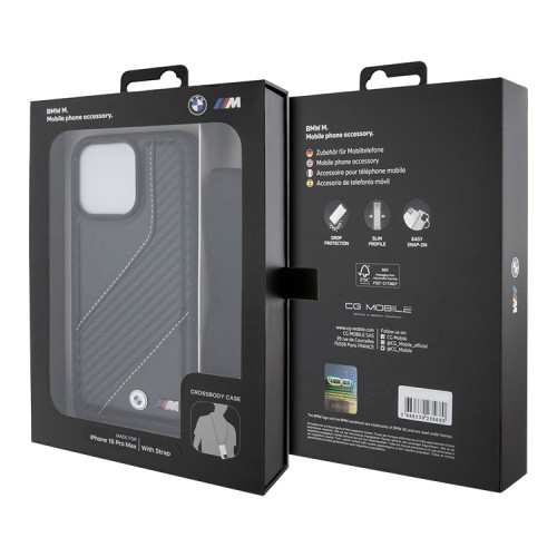 BMW для iPhone 15 Pro Max чехол Crossbody PU Carbon stripe Metal logo + Strap Hard Black