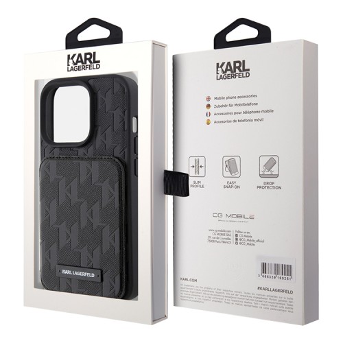 Karl Lagerfeld для iPhone 14 Pro чехол Cardslot Stand PU Saffiano Monogram Plate logo Hard Black