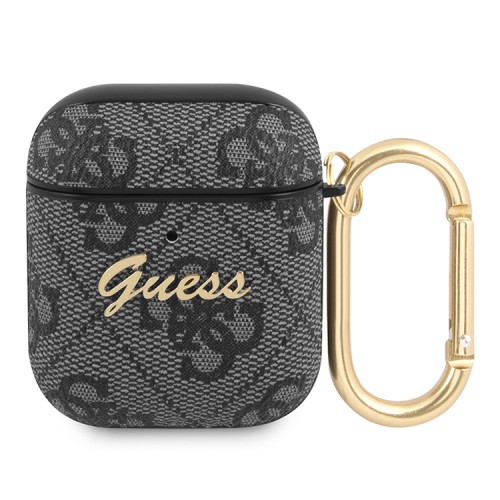 (Уценка) Чехол Guess PU leather 4G metal logo с карабином для Airpods 1/2, серый