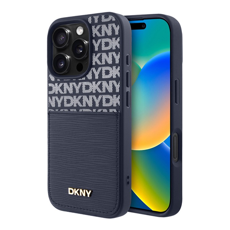 DKNY для iPhone 16 Pro чехол PU Repeat texture with Cardslot Metal logo Hard Blue
