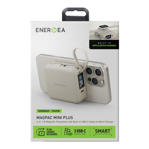 Energea АКБ MagPac MINI Plus, 10000W Magnetic wireless 15W +С 20W +2 C cables and Display Sand