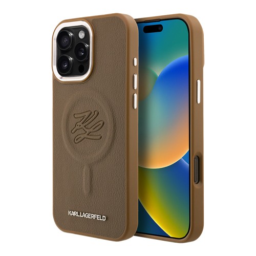 Karl Lagerfeld для iPhone 16 Pro чехол PU Initials & Metal logo Hard Brown (MagSafe)