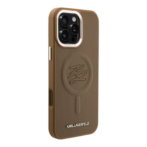 Karl Lagerfeld для iPhone 16 Pro чехол PU Initials & Metal logo Hard Brown (MagSafe)