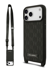 Karl Lagerfeld для iPhone 17 Pro чехол Crossbody PU Monogram Metal Plate logo Hard + Strap Black