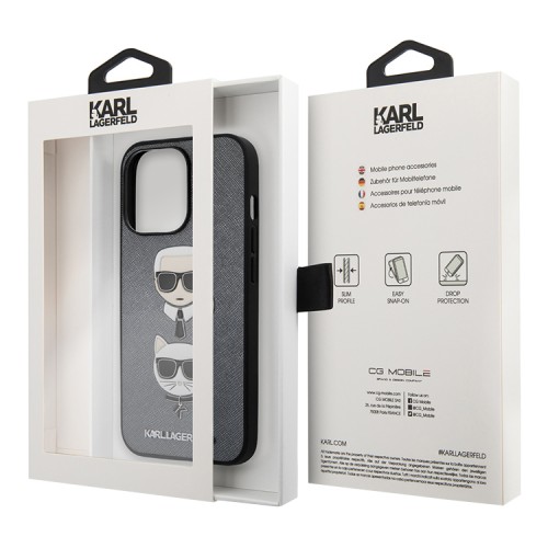 Lagerfeld PU Saffiano Karl and Choupette Hard чехол для iPhone 13 Pro Max, серебристый