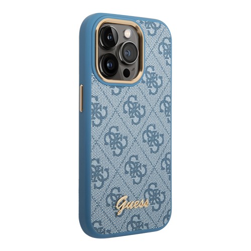 Чехол Guess PU 4G Script metal logo Hard для iPhone 14 Pro, голубой