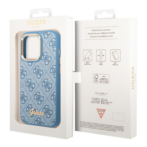 Чехол Guess PU 4G Script metal logo Hard для iPhone 14 Pro, голубой