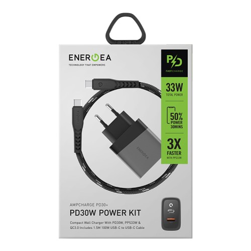 Сетевое зарядное EnergEA Ampcharge PD30+ USB-C PD + USB-A QC3.0 PPS 33W + кабель Nyloflex USB-С (1.5 м)