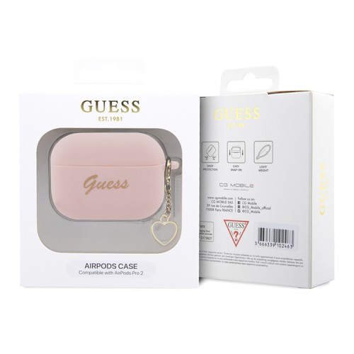 Чехол Guess Silicone Script logo with Heart charm для Airpods Pro 2, розовый