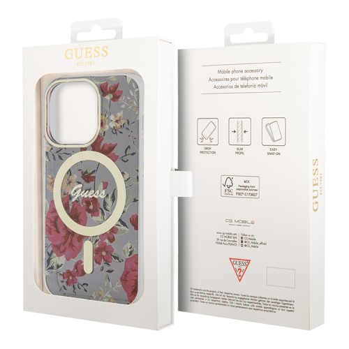 Чехол Guess Flower Hard для iPhone 14 Pro, зеленый/золотой (MagSafe)