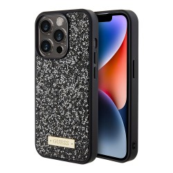 Guess для iPhone 15 Pro чехол Diamond Rhinestone Plate metal logo Hard Black