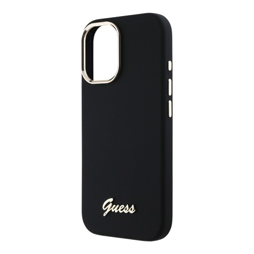 Guess для iPhone 16 чехол Liquid silicone Gold metal logo & Camera frame Hard Black