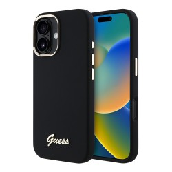 Guess для iPhone 16 чехол Liquid silicone Gold metal logo & Camera frame Hard Black