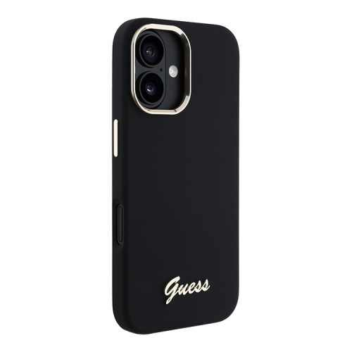 Guess для iPhone 16 чехол Liquid silicone Gold metal logo & Camera frame Hard Black
