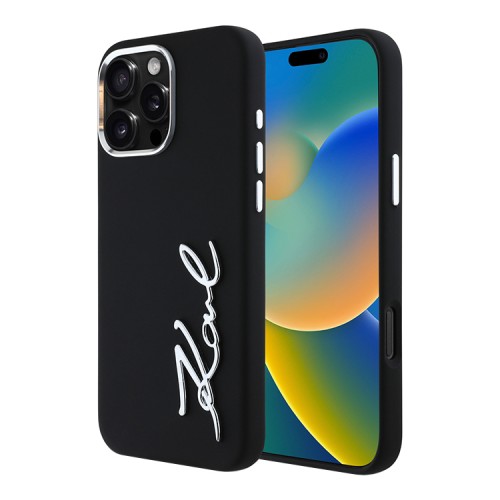 Karl Lagerfeld для iPhone 16 Pro Max чехол Liquid silicone Signature Metal logo & Camera frame Hard Black