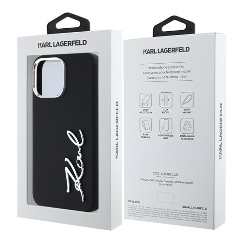 Karl Lagerfeld для iPhone 16 Pro Max чехол Liquid silicone Signature Metal logo & Camera frame Hard Black
