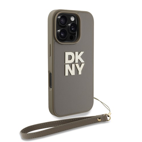 DKNY для iPhone 16 Pro чехол PU Stack metal logo Hard + Hand strap Beige