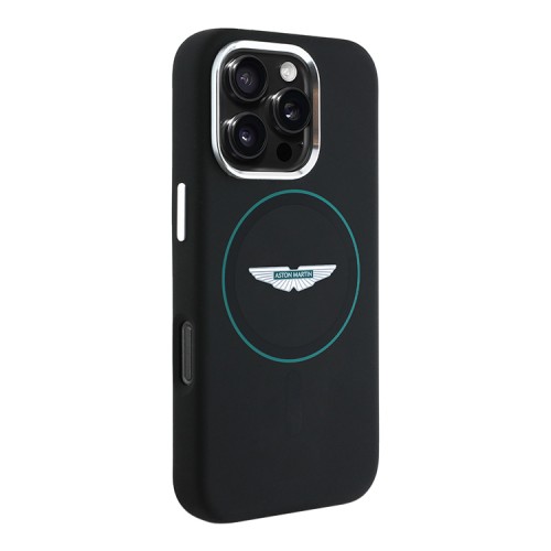 Aston Martin для iPhone 16 Pro чехол Liquid Silicone Green Circle Hard Black (MagSafe)