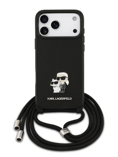 Karl Lagerfeld для iPhone 17 Pro чехол Crossbody PU Saffiano NFT Karl&Choup Metal Hard + Cord Black