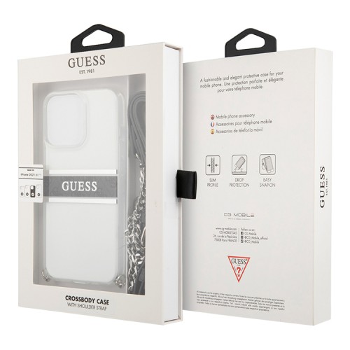 Чехол Guess 4G Stripe Hard Transparent +Silver crossbody chain для iPhone 13 Pro Max