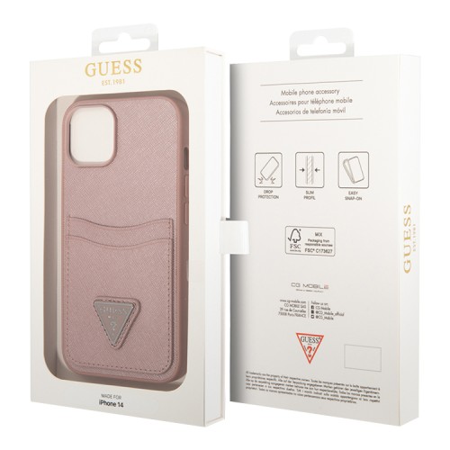 Чехол Guess PU Saffiano Double cardslot w Metal triangle logo Hard для iPhone 14, розовый