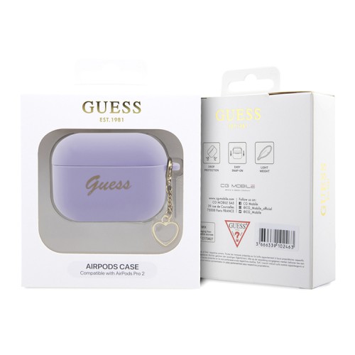 Чехол Guess Silicone Script logo with Heart charm для Airpods Pro 2, фиолетовый