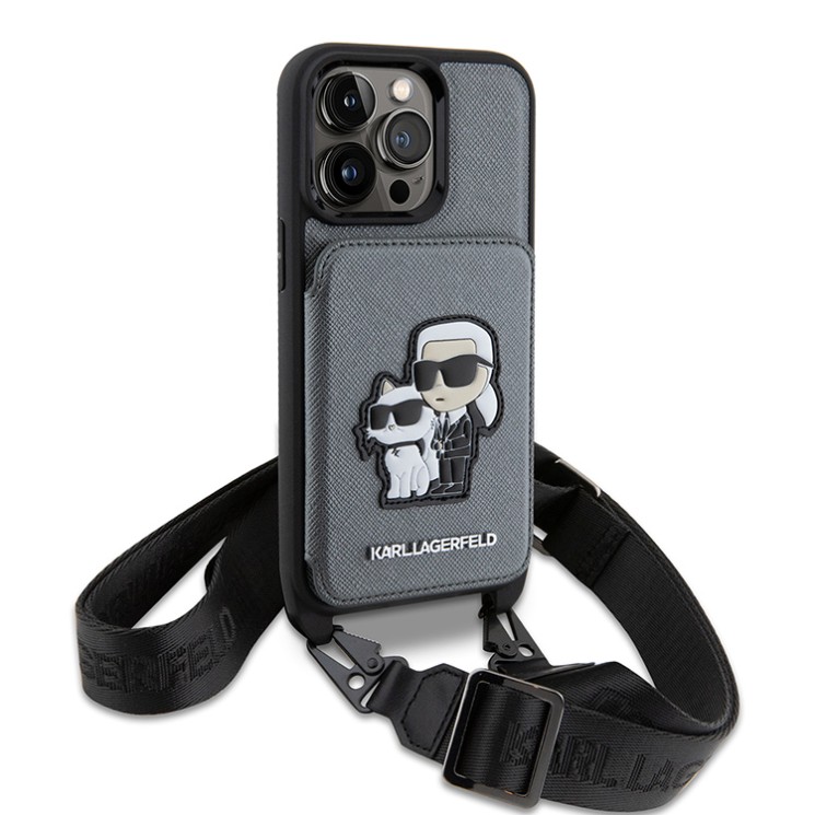 Чехол Lagerfeld Crossbody cardslot PU Saffiano NFT Karl&Choupette Hard для iPhone 14 Pro, серебристый