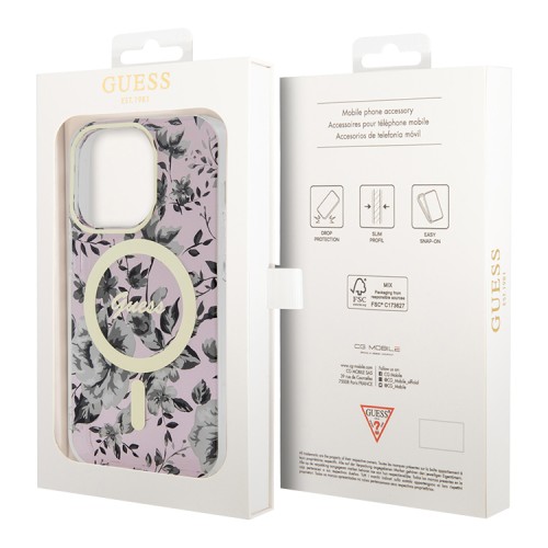 Чехол Guess Flower Hard для iPhone 14 Pro, розовый/золотой (MagSafe)