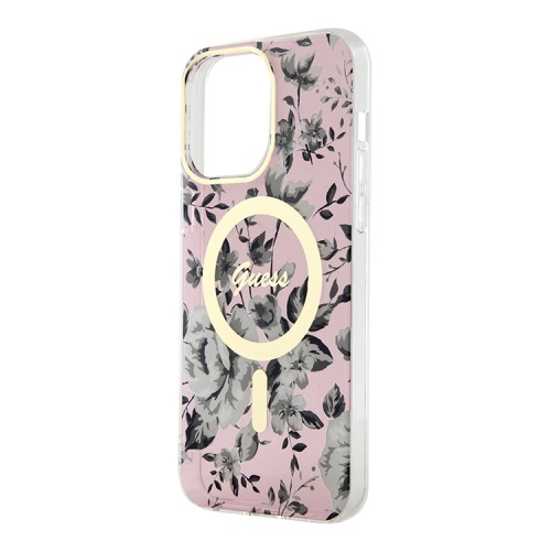 Чехол Guess Flower Hard для iPhone 14 Pro, розовый/золотой (MagSafe)