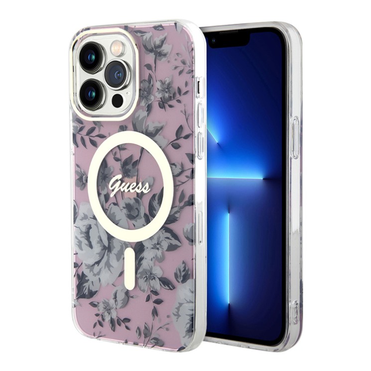 Чехол Guess Flower Hard для iPhone 14 Pro, розовый/золотой (MagSafe)