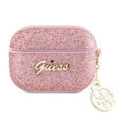 Чехол Guess Glitter flakes Metal logo with Charm для Airpods Pro, розовый