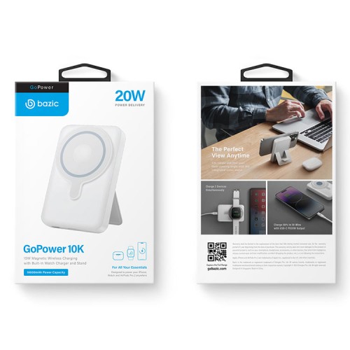 EnergEA АКБ Bazic GoPower 10K, 10000W Magnetic wireless 15W USB-C 20W +Watch charger White