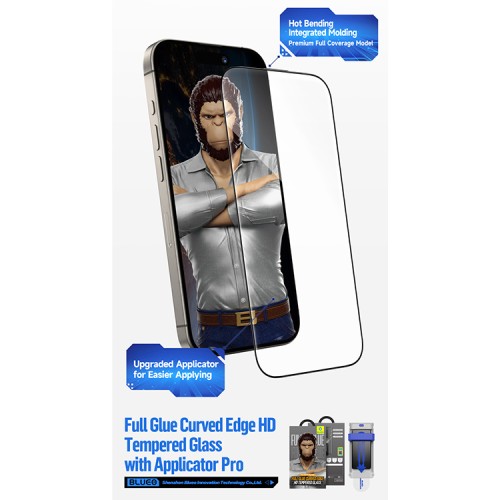 BlueO стекло для iPhone 16 Pro Max, 3D Curved Hot Bending Black (+installer)