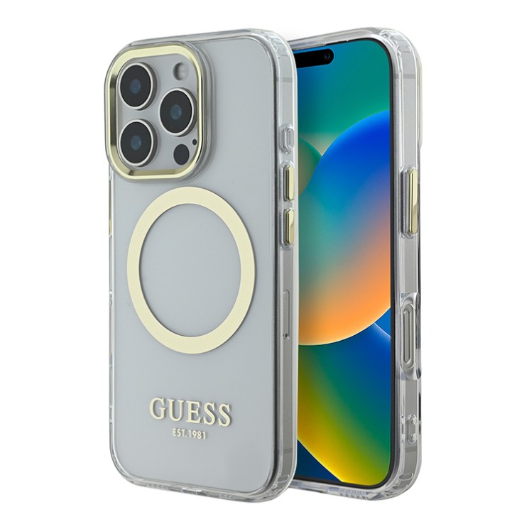 Guess для iPhone 16 Pro чехол PC/TPU Metal outline Hard Transparent/Gold (MagSafe)