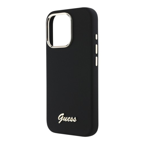 Guess для iPhone 16 Pro чехол Liquid silicone Gold metal logo & Camera frame Hard Black