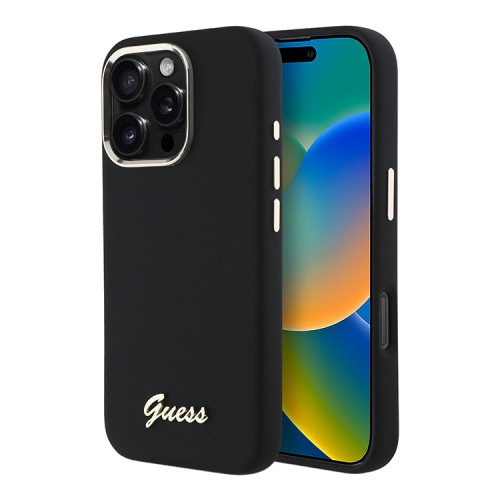 Guess для iPhone 16 Pro чехол Liquid silicone Gold metal logo & Camera frame Hard Black