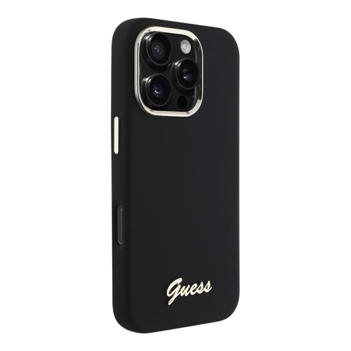 Guess для iPhone 16 Pro чехол Liquid silicone Gold metal logo & Camera frame Hard Black