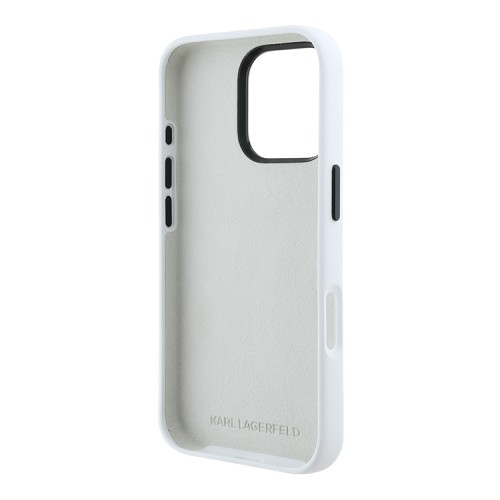 Karl Lagerfeld для iPhone 16 Pro Max чехол Liquid silicone Signature Metal logo & Camera frame Hard White