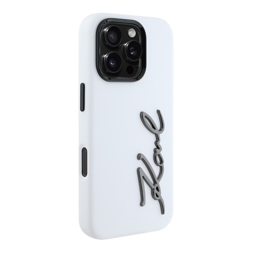 Karl Lagerfeld для iPhone 16 Pro Max чехол Liquid silicone Signature Metal logo & Camera frame Hard White
