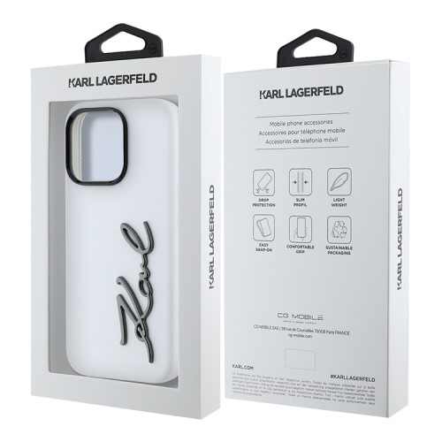 Karl Lagerfeld для iPhone 16 Pro Max чехол Liquid silicone Signature Metal logo & Camera frame Hard White