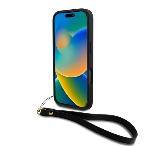 DKNY для iPhone 16 Pro чехол PU Stack metal logo Hard + Hand strap Black